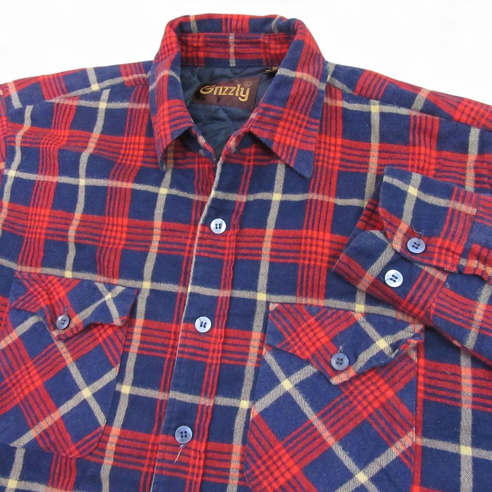 Grizzly Mens Button Up Shirt Shacket L Red Plaid Quilted Lining Vintage 90s